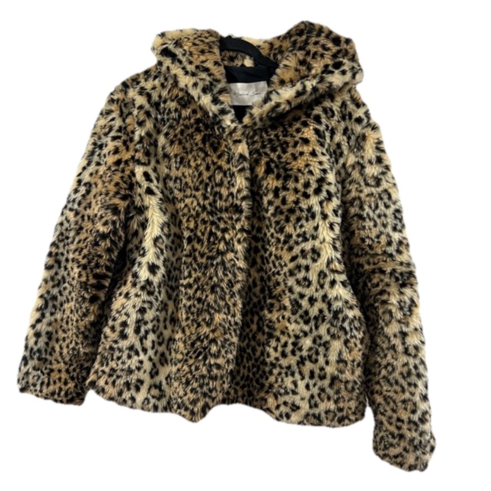Mustard Seed Leopard Print Faux Fur Hooded Jacket Size Medium Cheetah Tan